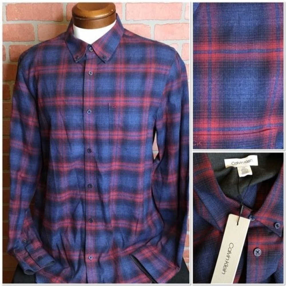 Calvin Klein Mens button front shirt size L Lightweight flannel Long sleeve